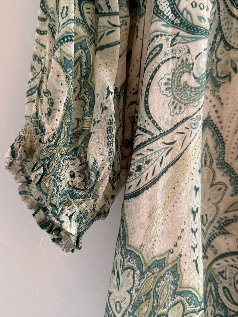 Umgee Green Ivory Paisley Peasant Blouse 3/4 Sleeve Boho Top Medium - Picture 2 of 13